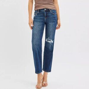 RISEN High Rise Crop Slim Straight Jenas with Hidden Knee Patch